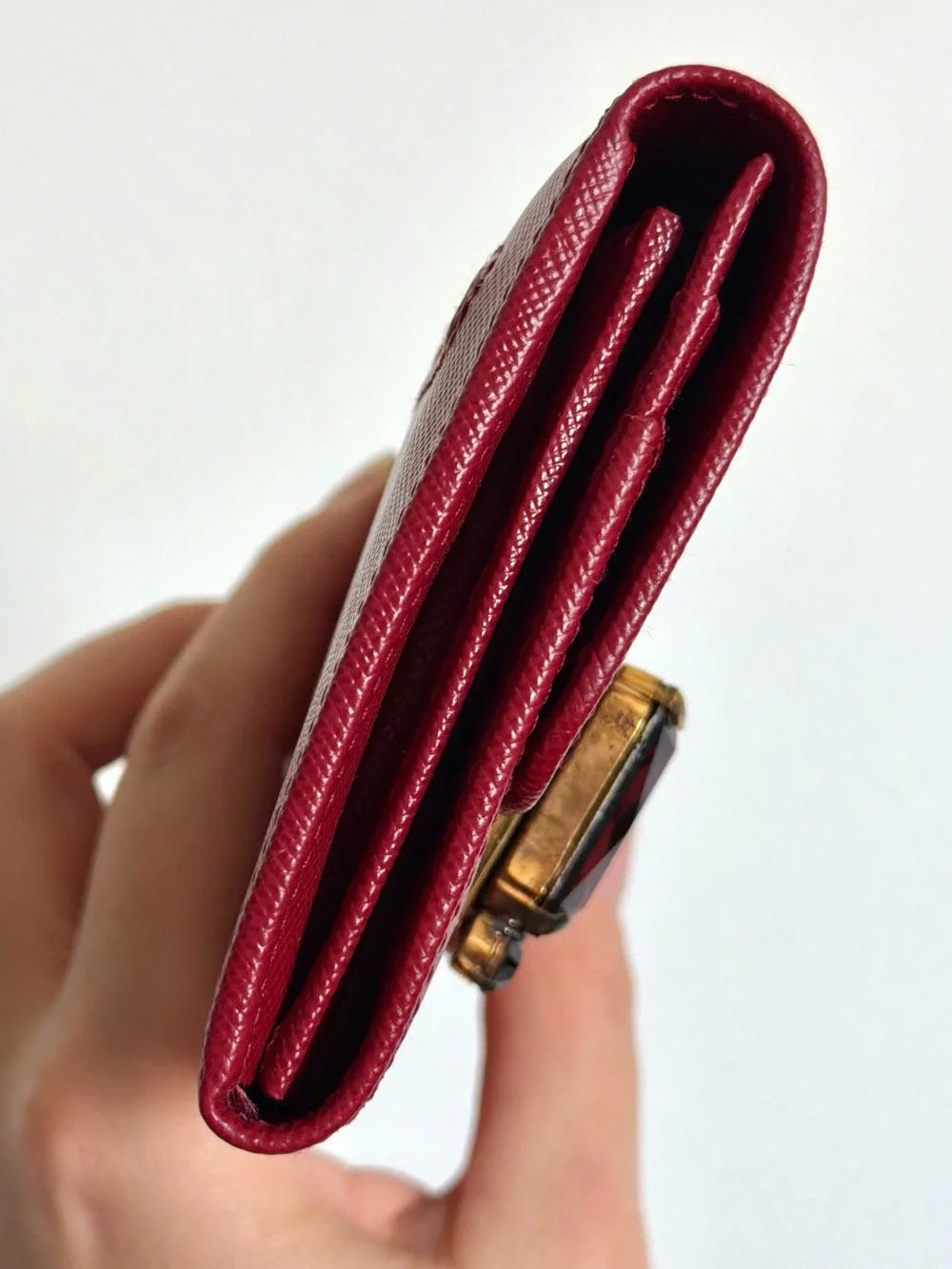 Prada Dark Red Leather Crystal Embellished Flap Continental Wallet